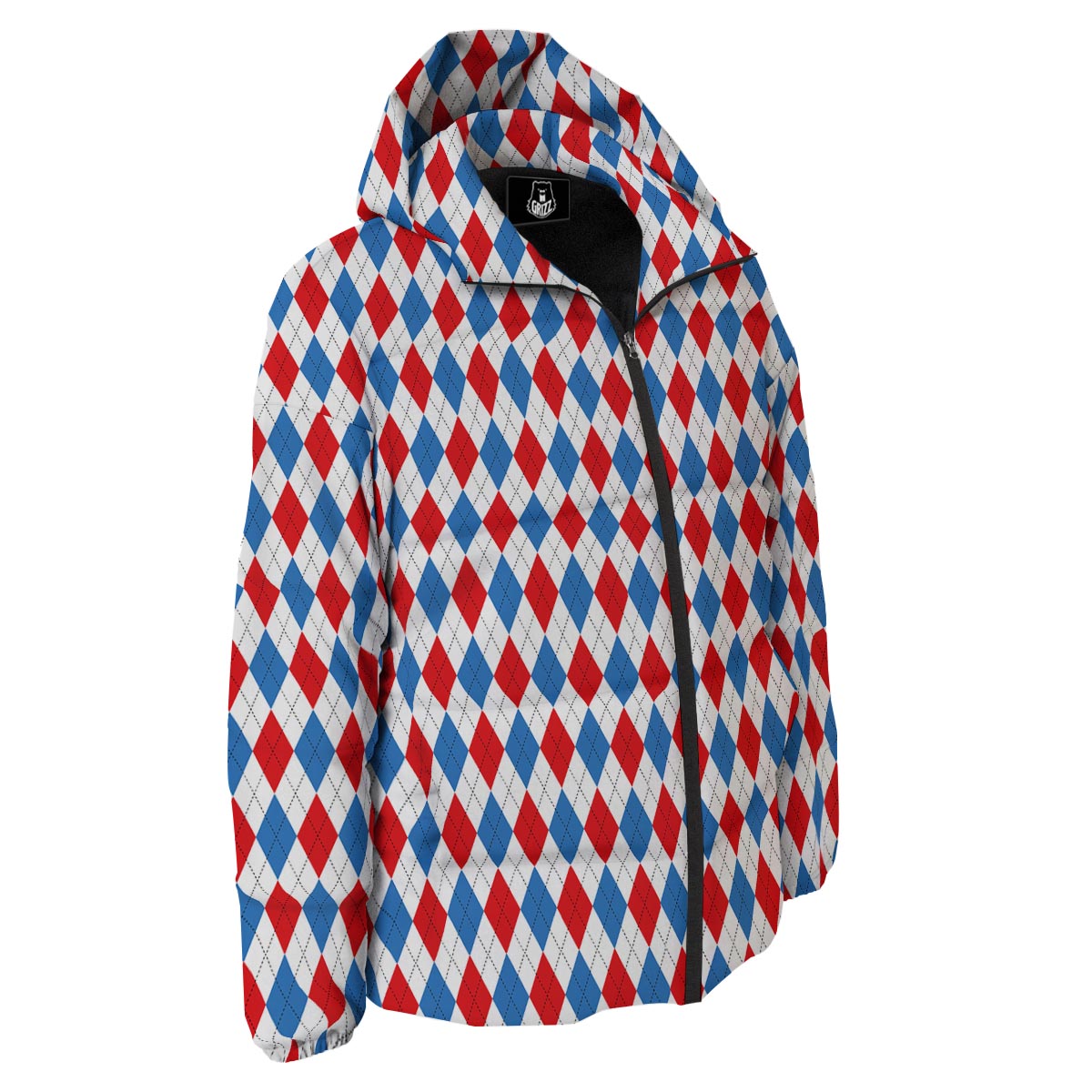 White Argyle And Blue Red Print Pattern Down Jacket-grizzshop