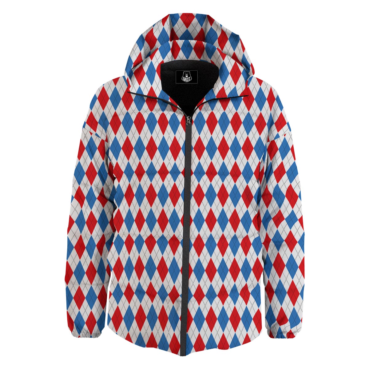 White Argyle And Blue Red Print Pattern Down Jacket-grizzshop