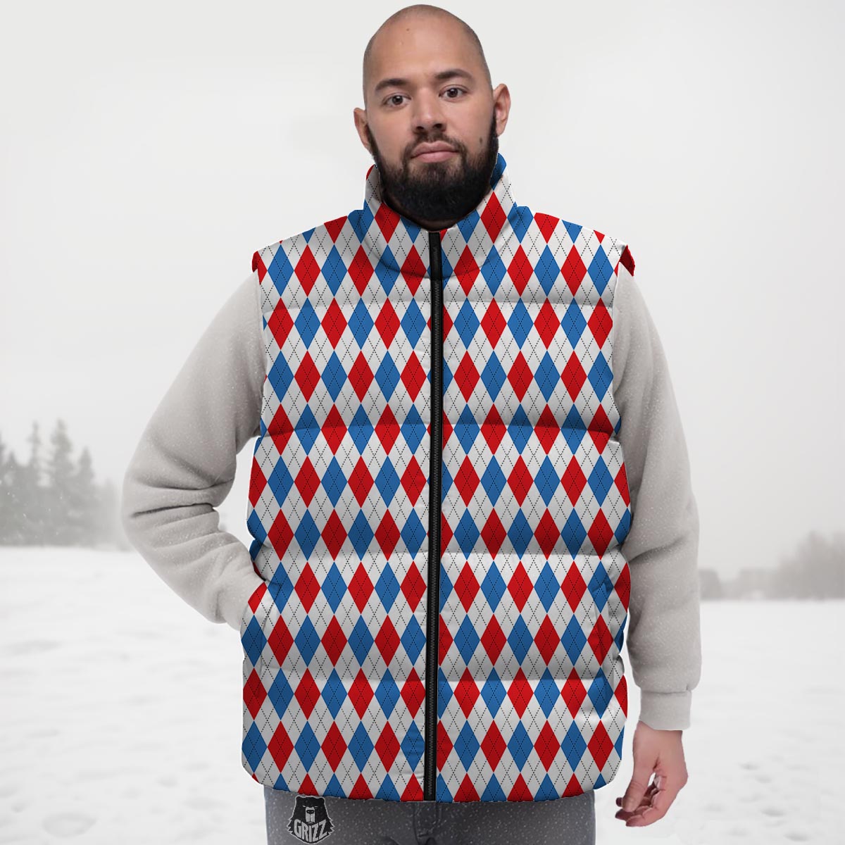 White Argyle And Blue Red Print Pattern Down Vest-grizzshop