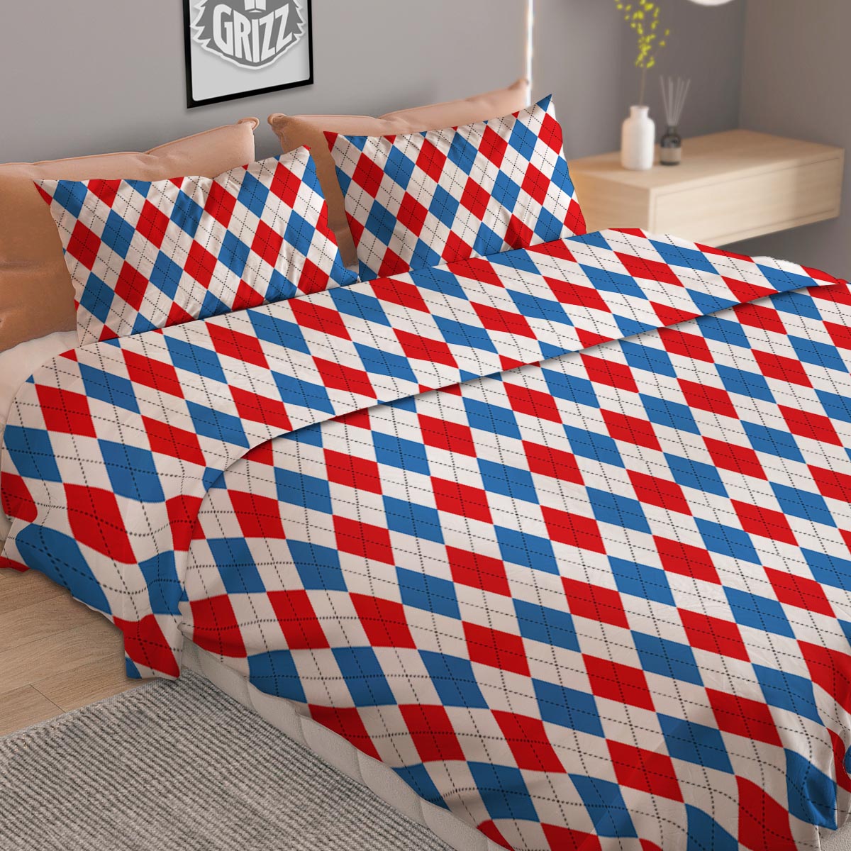 White Argyle And Blue Red Print Pattern Duvet Cover Bedding Set