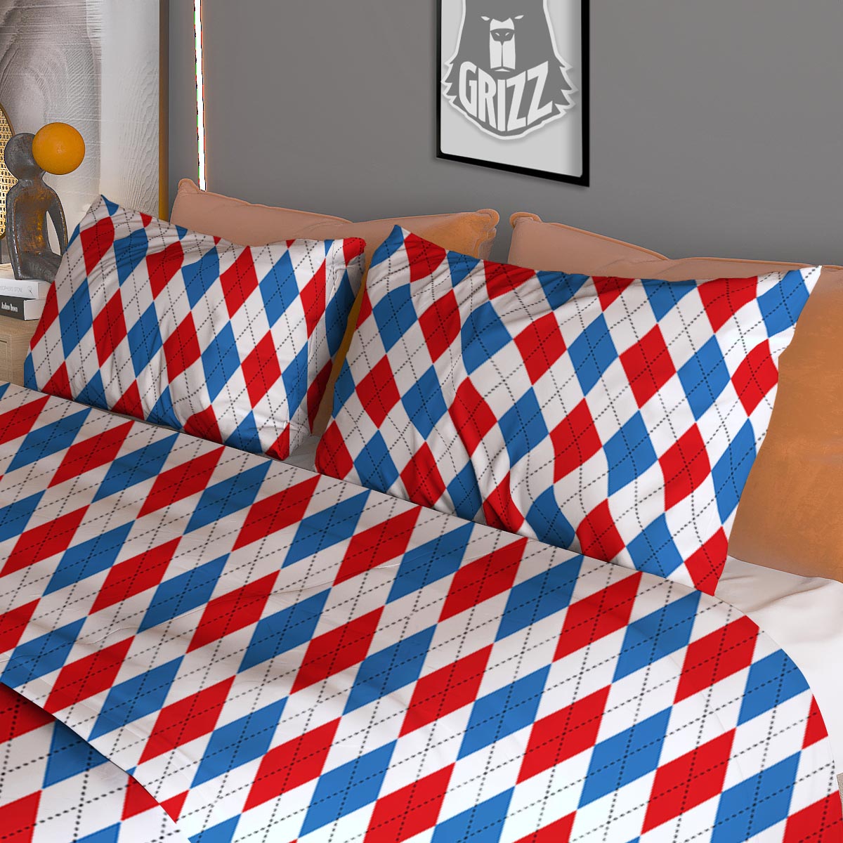White Argyle And Blue Red Print Pattern Duvet Cover Bedding Set