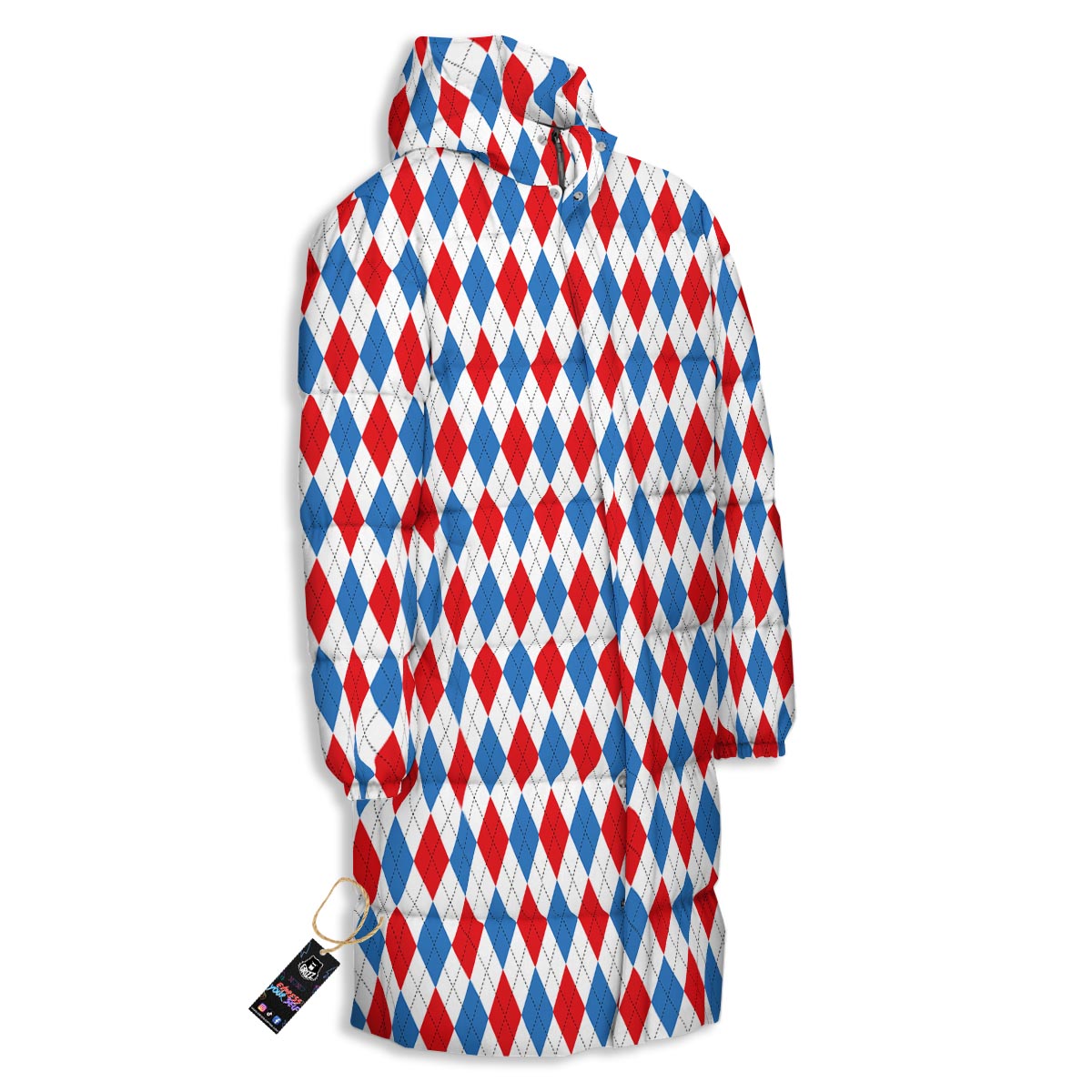 White Argyle And Blue Red Print Pattern Long Down Jacket-grizzshop