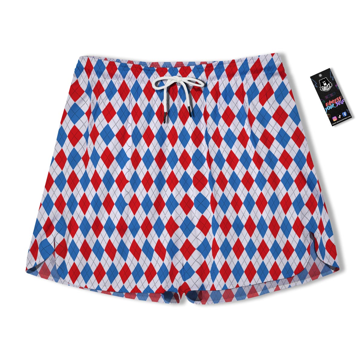 White Argyle And Blue Red Print Pattern Men's Running Shorts-grizzshop