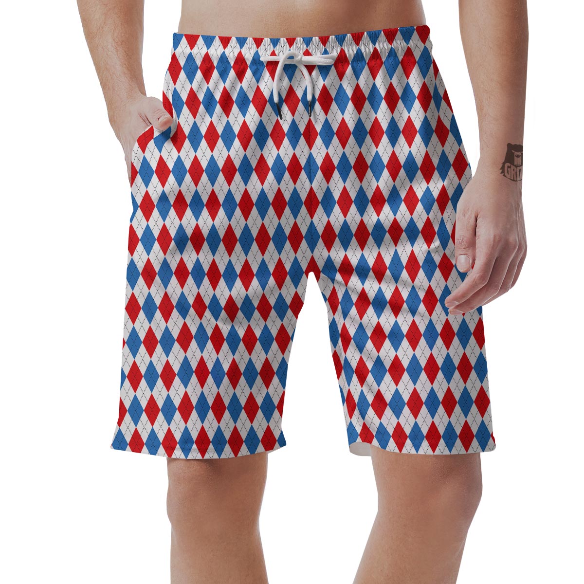 White Argyle And Blue Red Print Pattern Men's Shorts-grizzshop