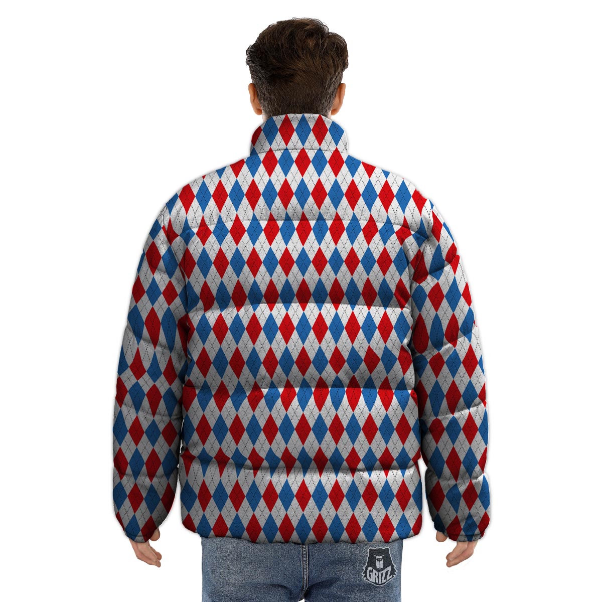 White Argyle And Blue Red Print Pattern Puffer Jacket-grizzshop