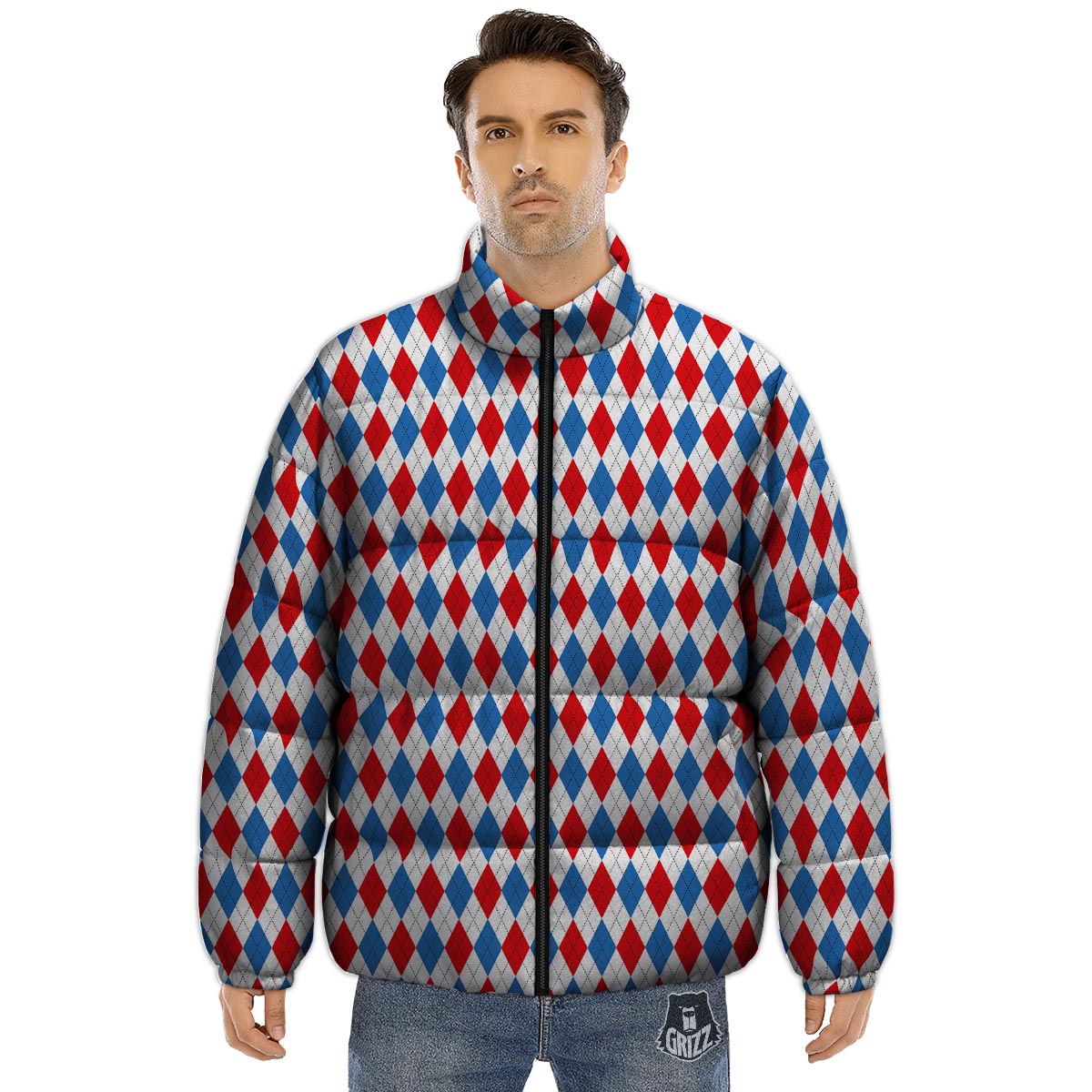 White Argyle And Blue Red Print Pattern Puffer Jacket-grizzshop