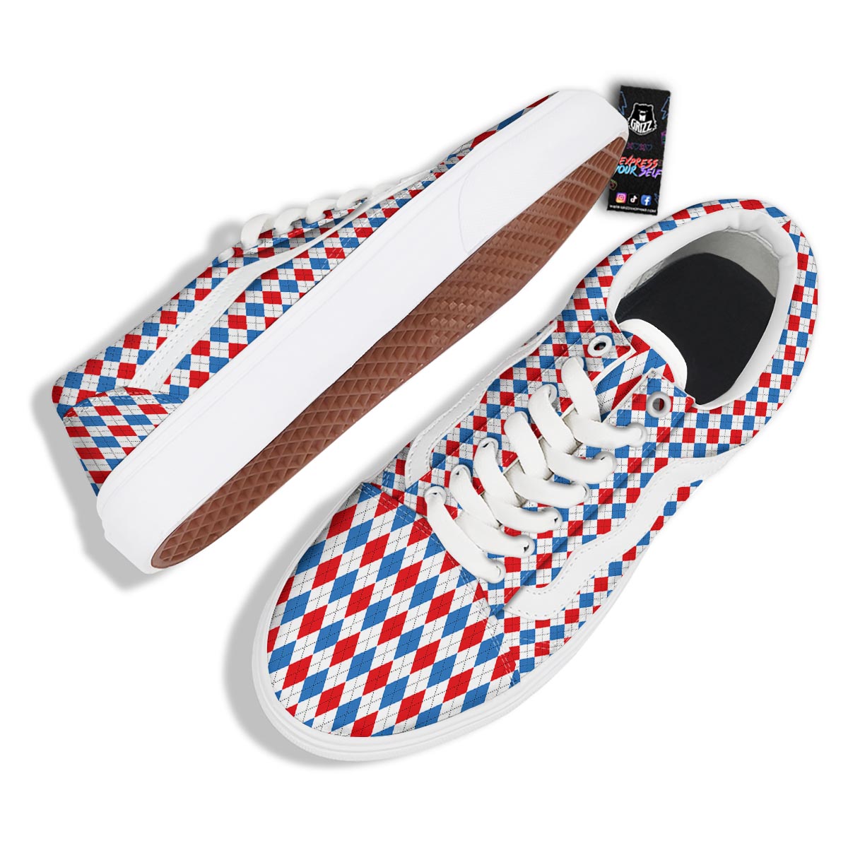 White Argyle And Blue Red Print Pattern Skate Shoes-grizzshop