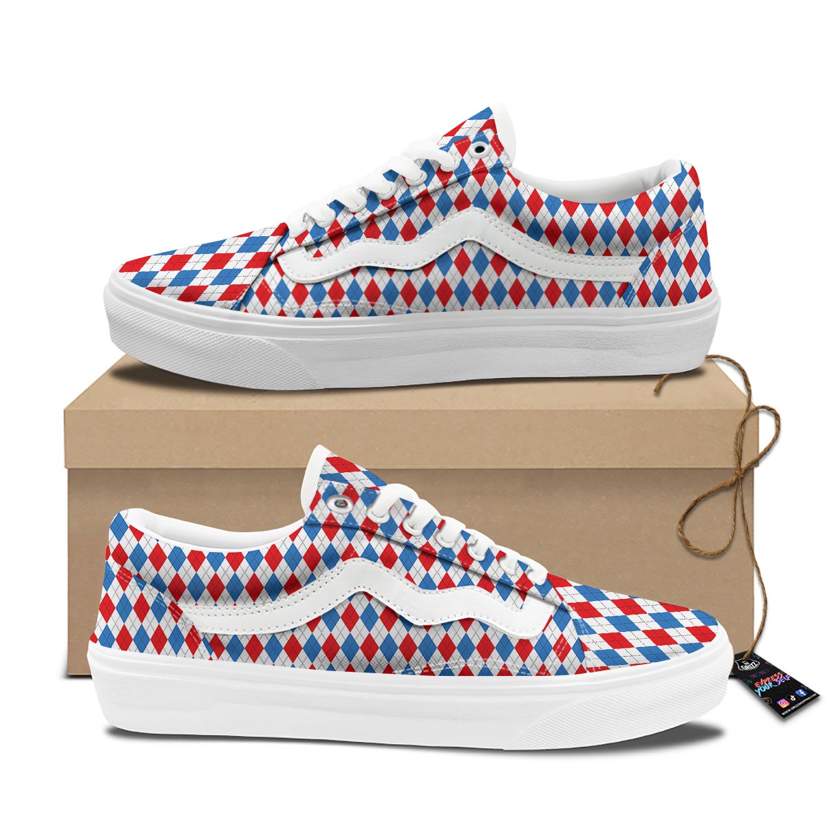 White Argyle And Blue Red Print Pattern Skate Shoes-grizzshop