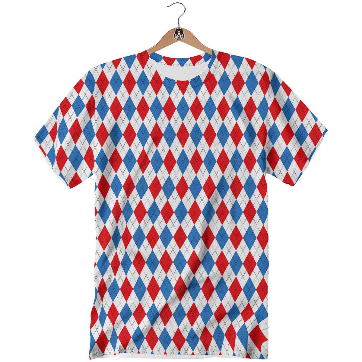 White Argyle And Blue Red Print Pattern T-Shirt-grizzshop