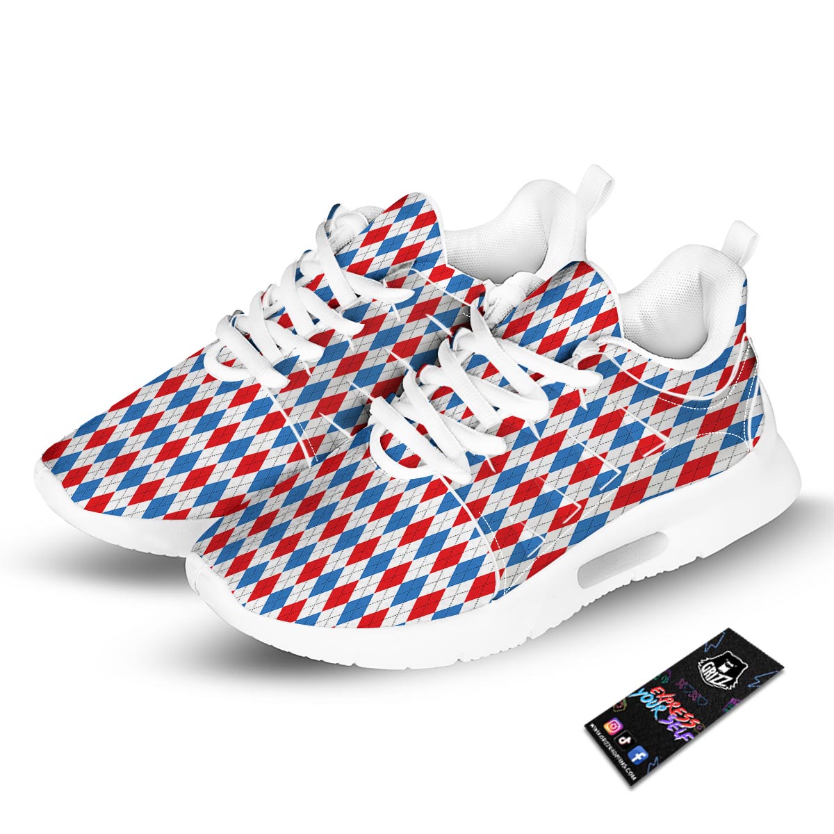 White Argyle And Blue Red Print Pattern Tennis Shoes-grizzshop