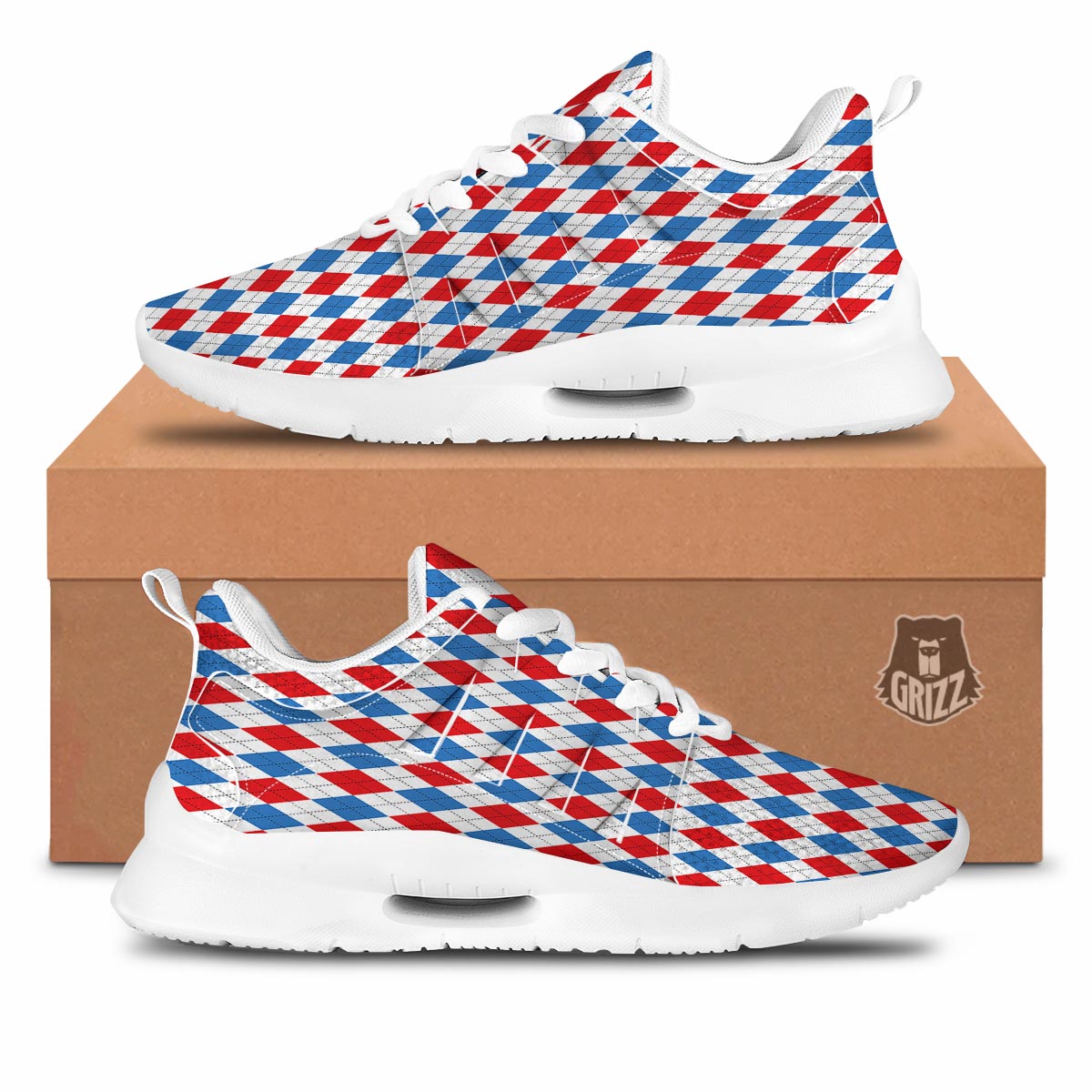 White Argyle And Blue Red Print Pattern Tennis Shoes-grizzshop