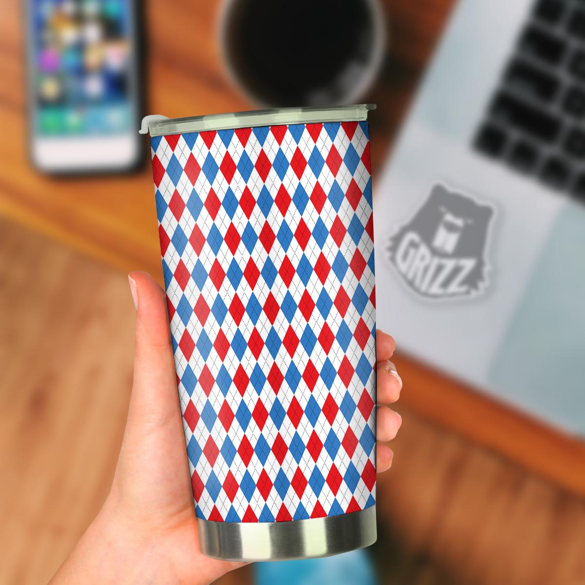 White Argyle And Blue Red Print Pattern Tumbler-grizzshop