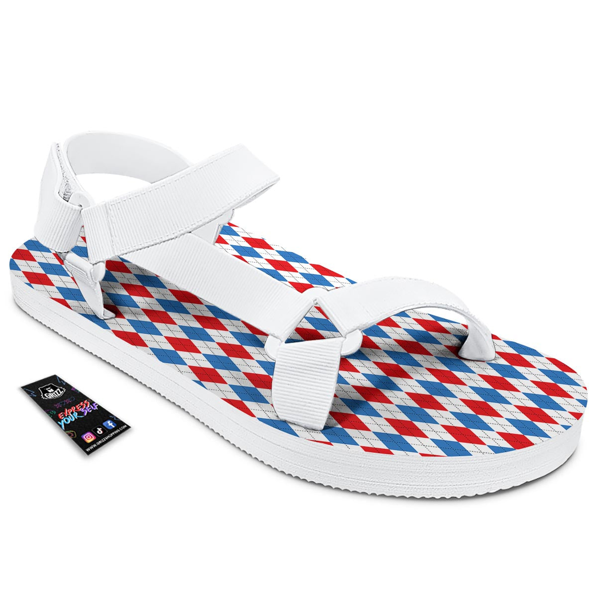 White Argyle And Blue Red Print Pattern White Open Toe Sandals-grizzshop
