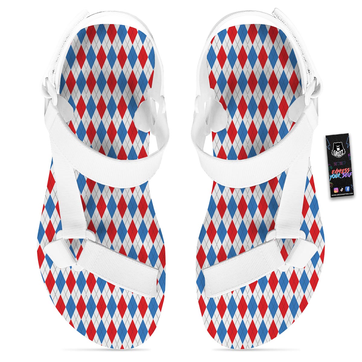 White Argyle And Blue Red Print Pattern White Open Toe Sandals-grizzshop