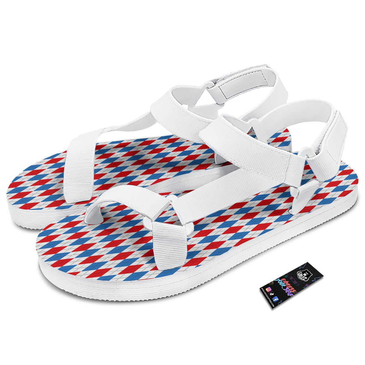 White Argyle And Blue Red Print Pattern White Open Toe Sandals-grizzshop