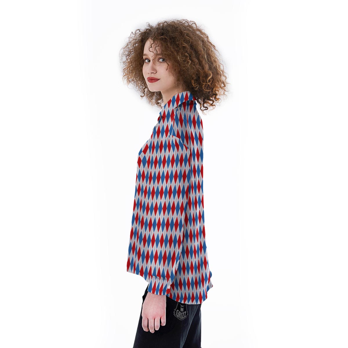 White Argyle And Blue Red Print Pattern Women's Long Sleeve Shirts-grizzshop