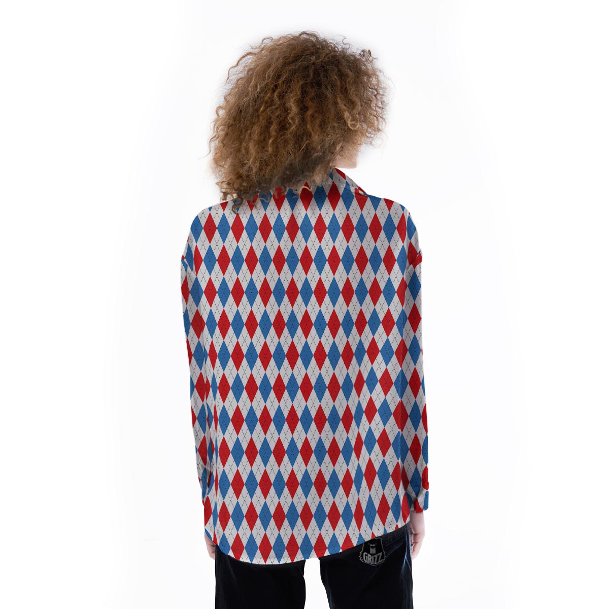 White Argyle And Blue Red Print Pattern Women's Long Sleeve Shirts-grizzshop