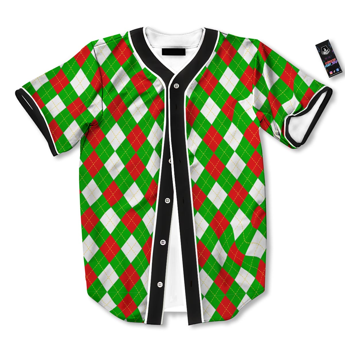 White Argyle And Green Red Print Pattern Baseball Jersey-grizzshop