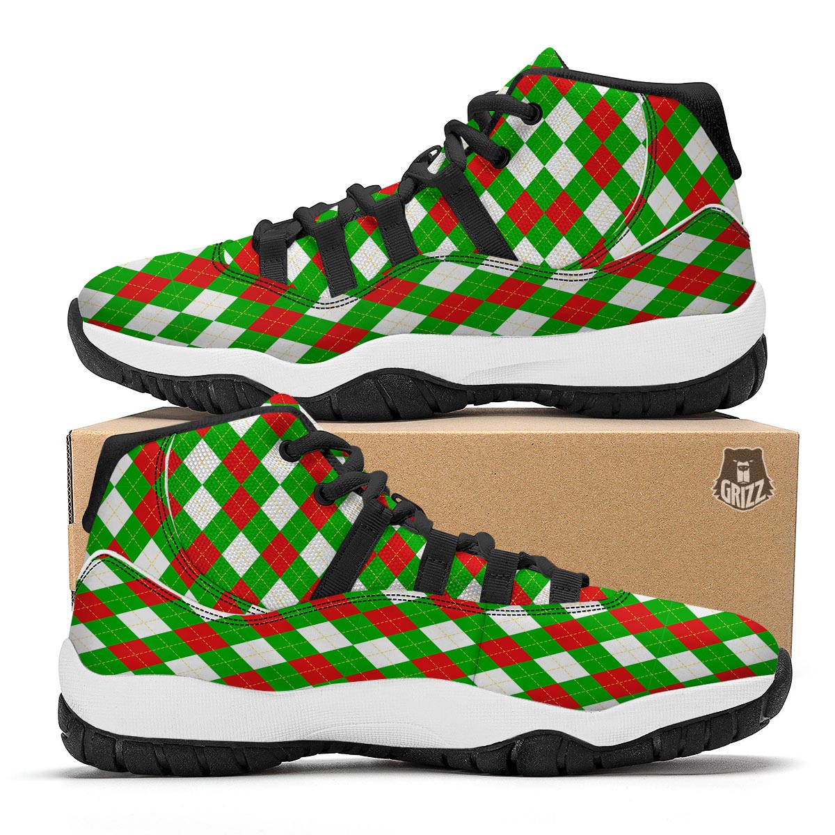 White Argyle And Green Red Print Pattern Black Bball Shoes-grizzshop