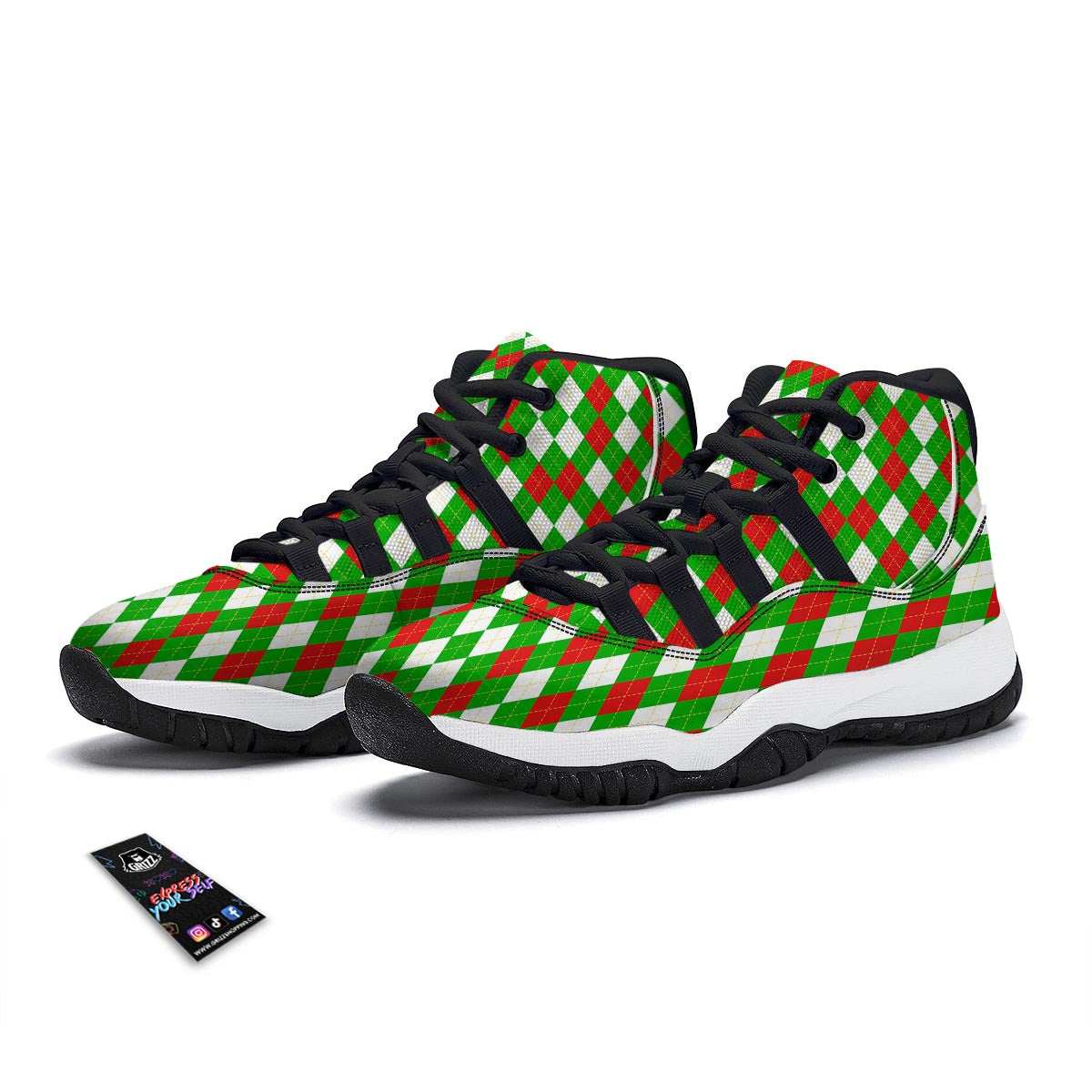 White Argyle And Green Red Print Pattern Black Bball Shoes-grizzshop