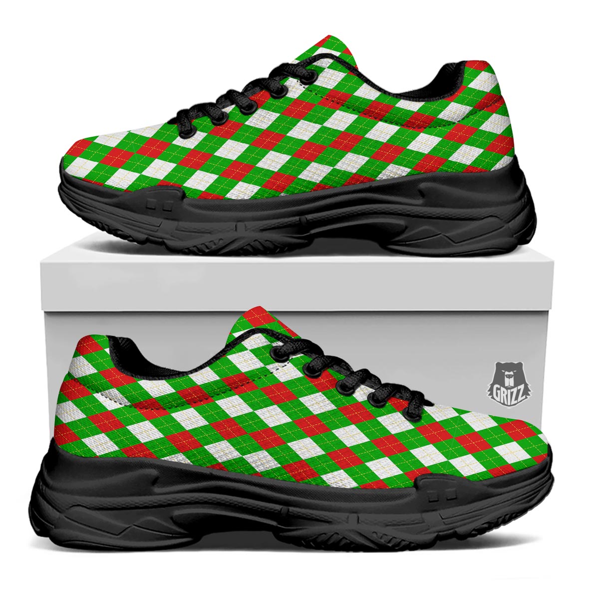 White Argyle And Green Red Print Pattern Black Chunky Shoes-grizzshop