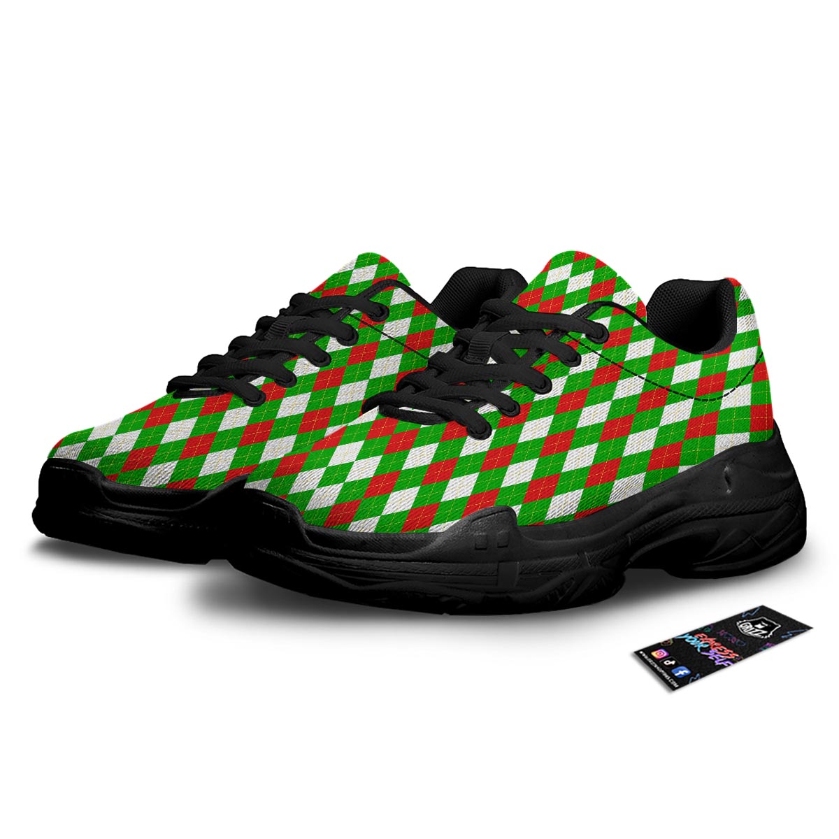 White Argyle And Green Red Print Pattern Black Chunky Shoes-grizzshop