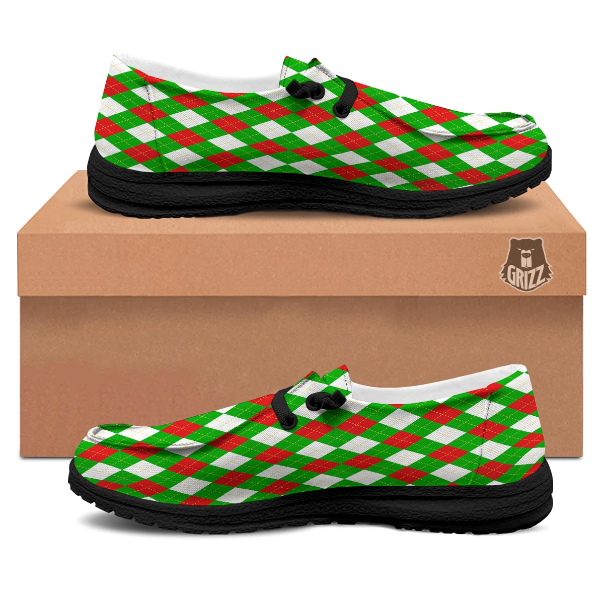 White Argyle And Green Red Print Pattern Black Loafers-grizzshop