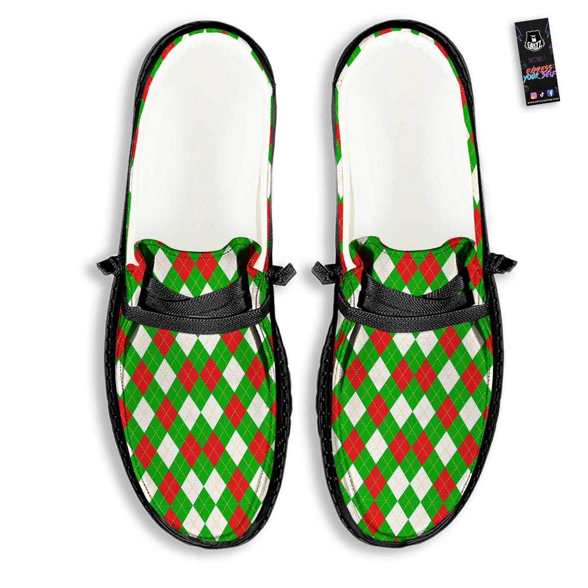 White Argyle And Green Red Print Pattern Black Loafers-grizzshop