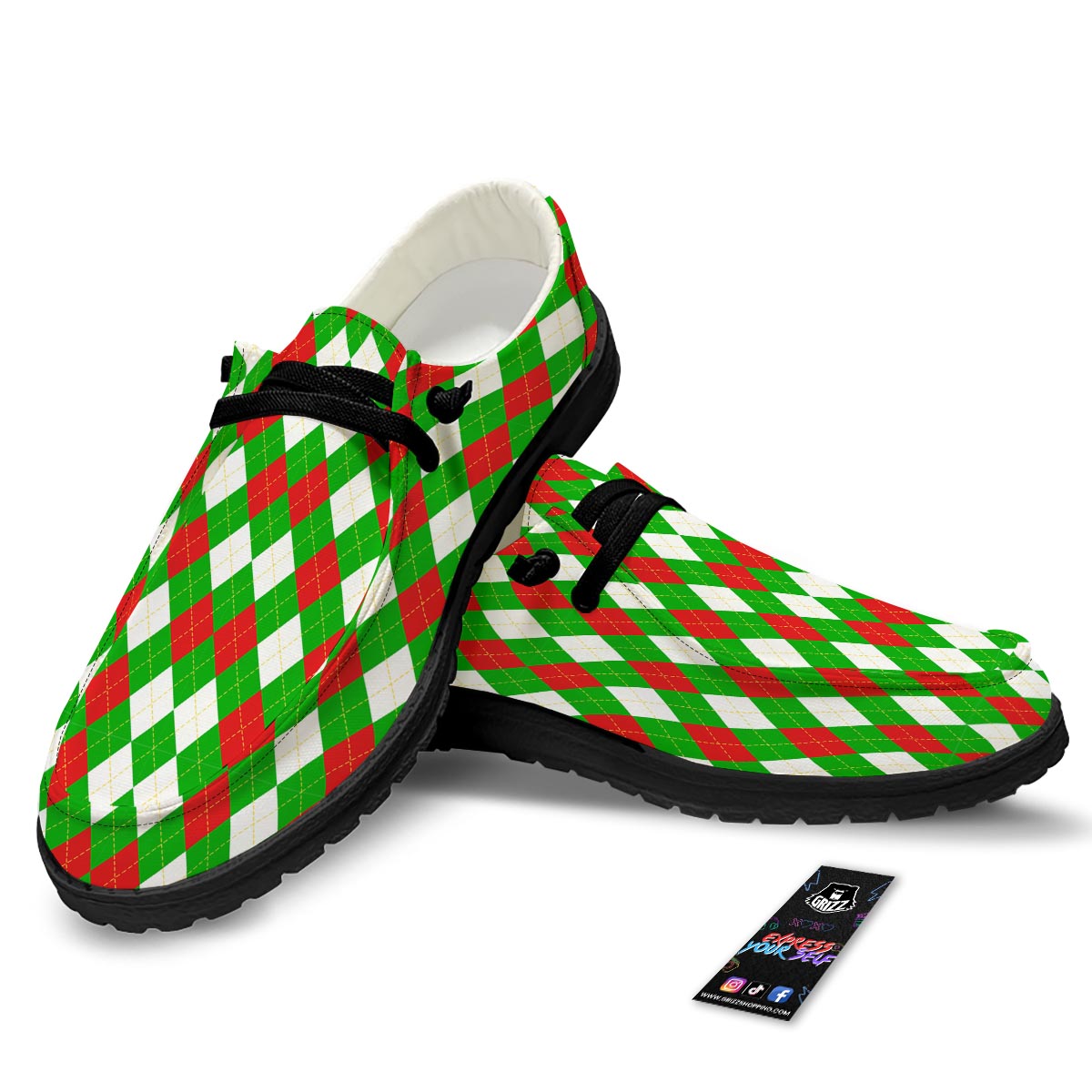 White Argyle And Green Red Print Pattern Black Loafers-grizzshop