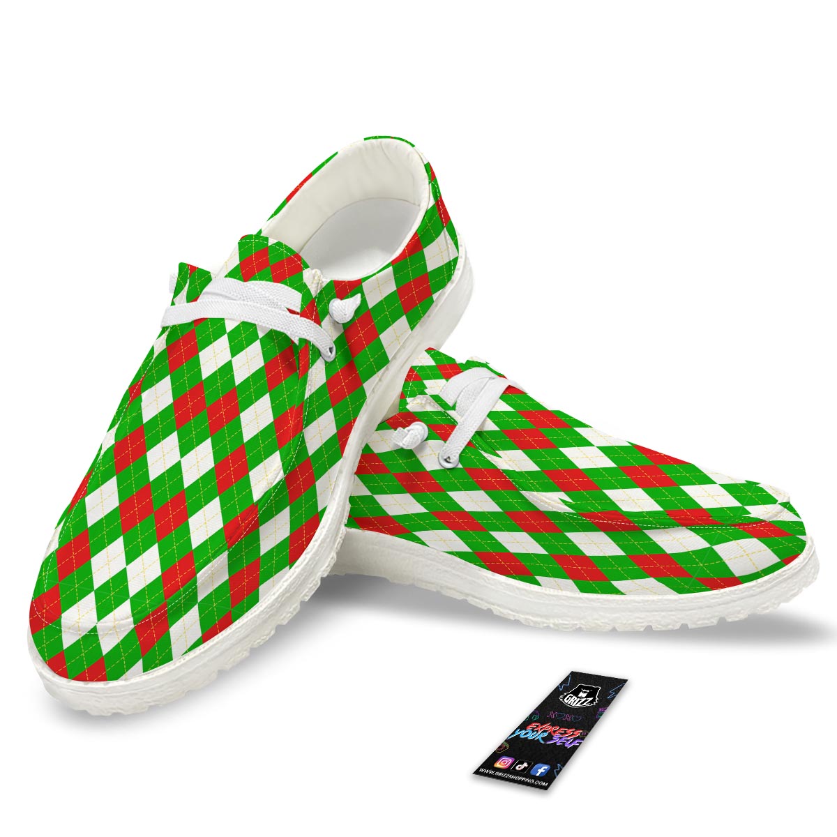 White Argyle And Green Red Print Pattern Black Loafers-grizzshop