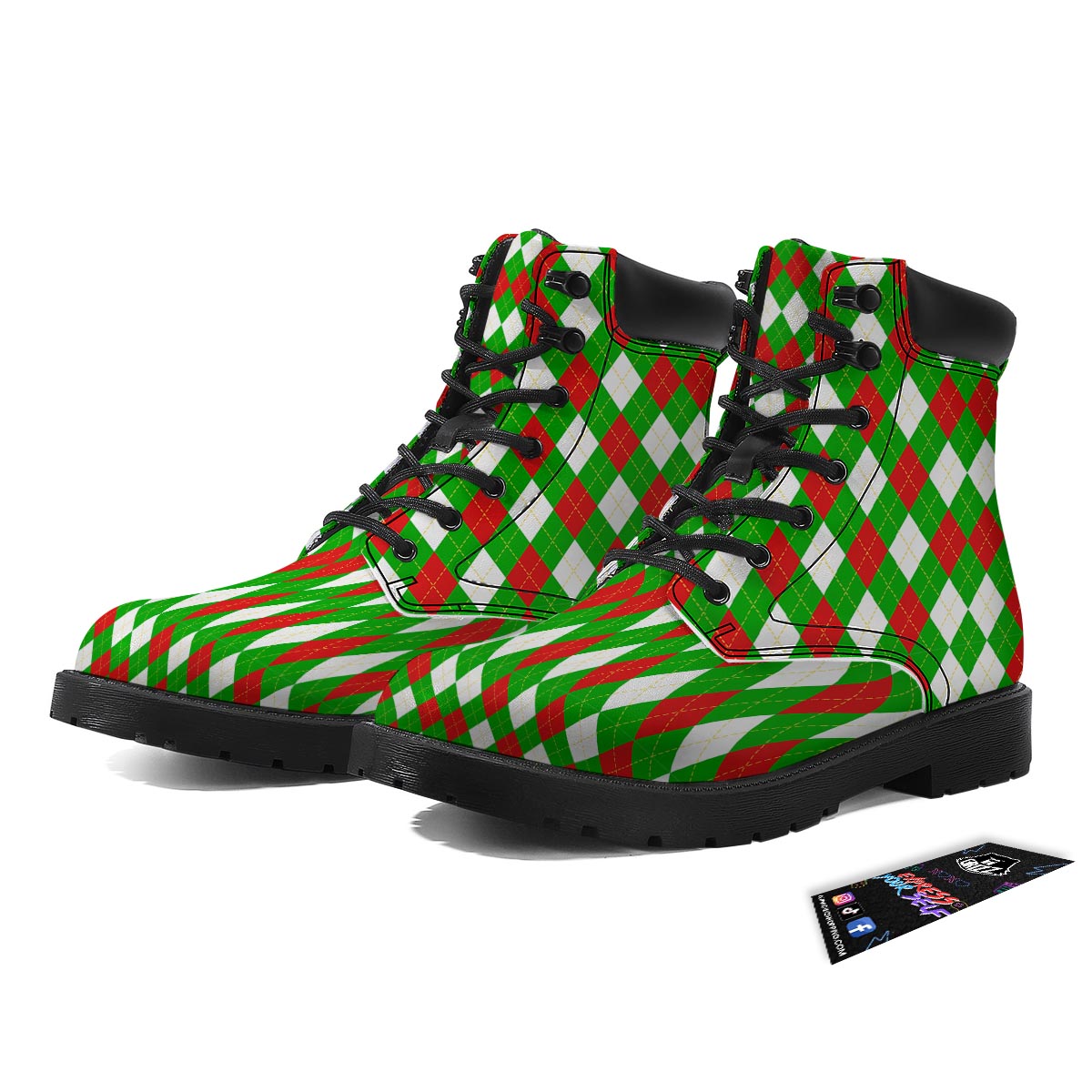 White Argyle And Green Red Print Pattern Boots-grizzshop