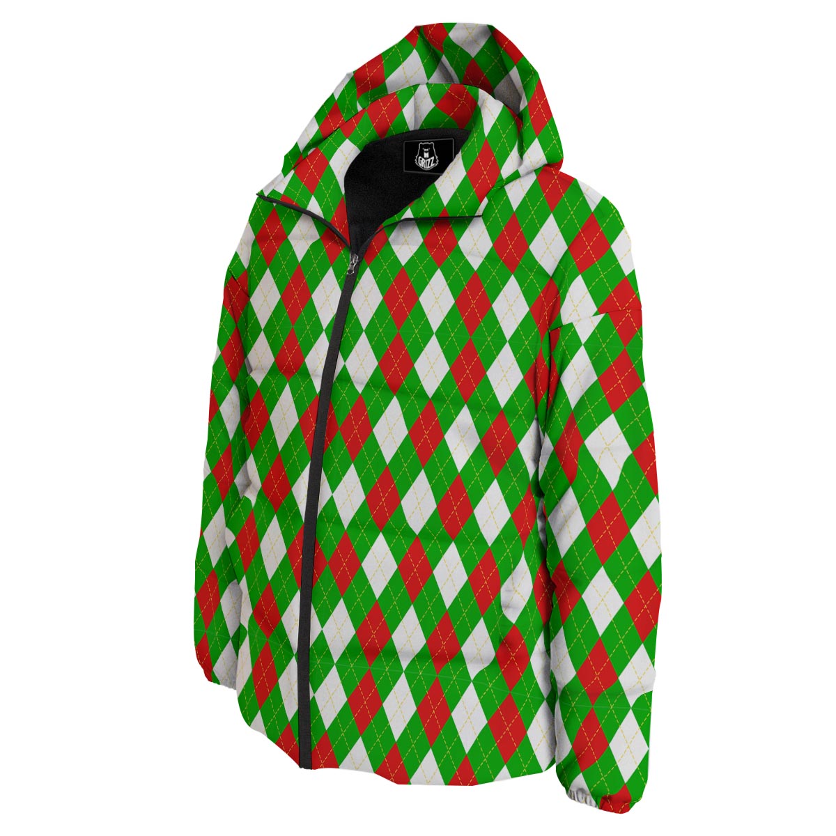 White Argyle And Green Red Print Pattern Down Jacket-grizzshop