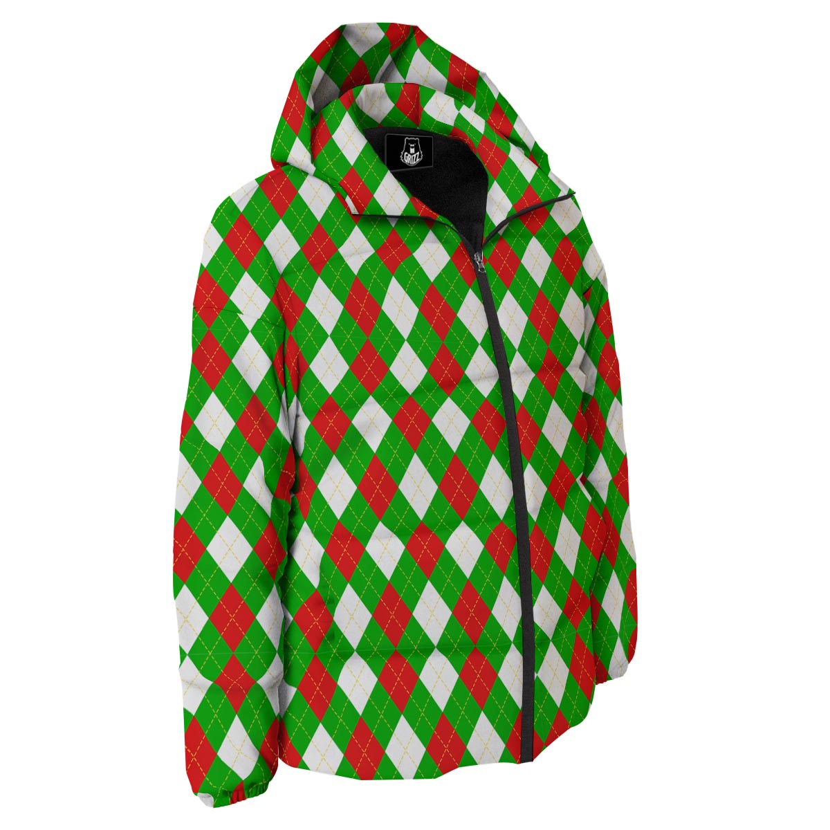 White Argyle And Green Red Print Pattern Down Jacket-grizzshop