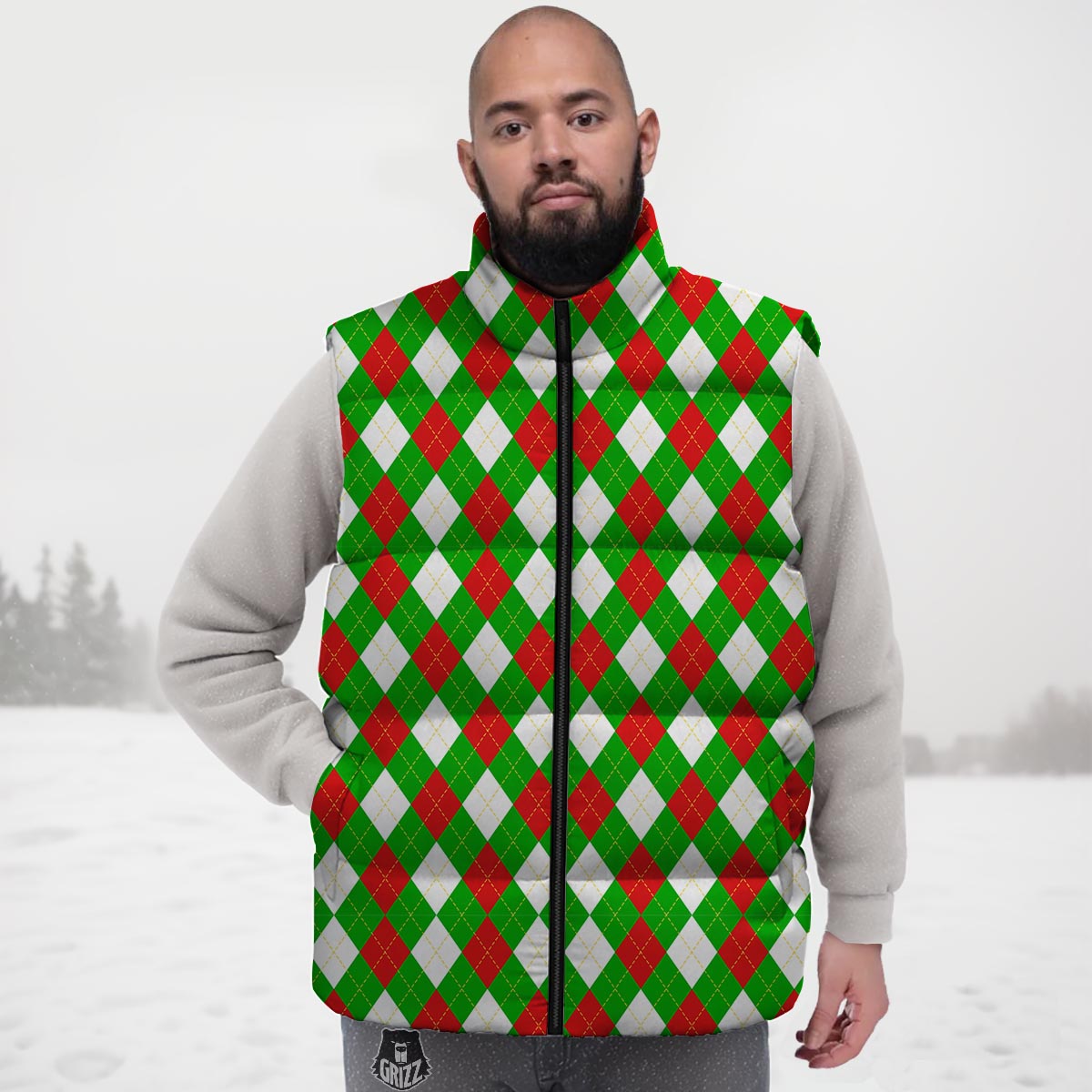 White Argyle And Green Red Print Pattern Down Vest-grizzshop
