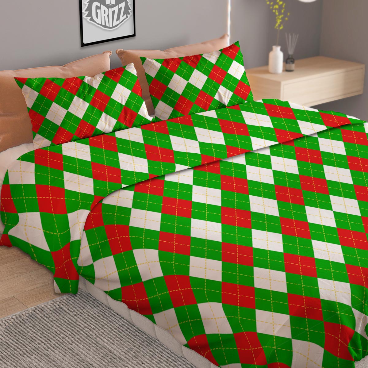 White Argyle And Green Red Print Pattern Duvet Cover Bedding Set