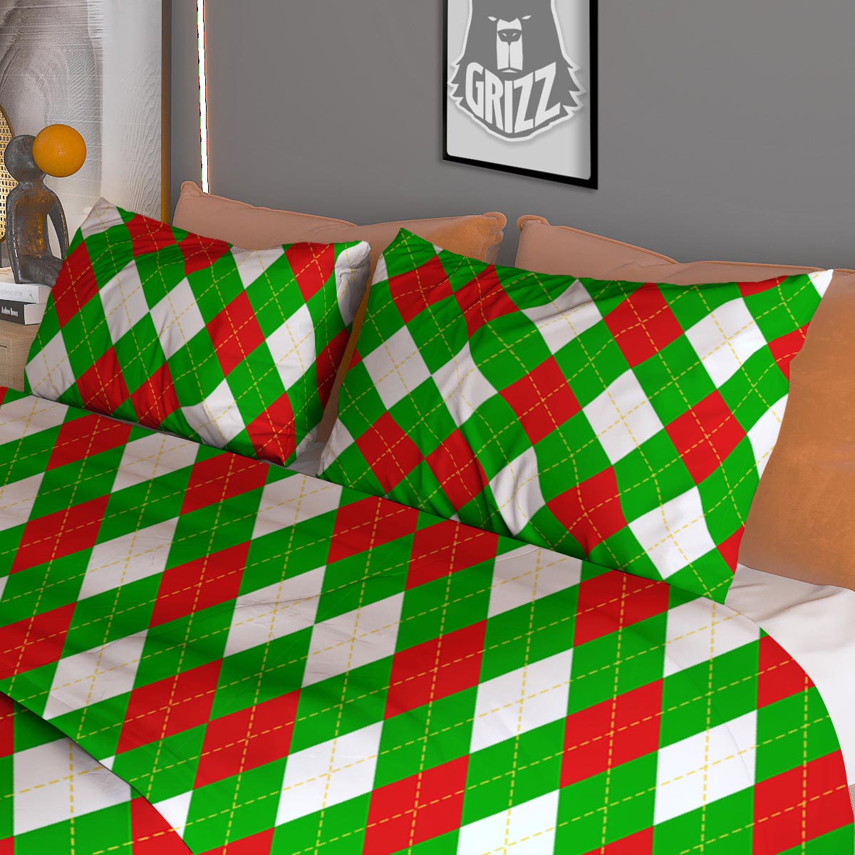 White Argyle And Green Red Print Pattern Duvet Cover Bedding Set