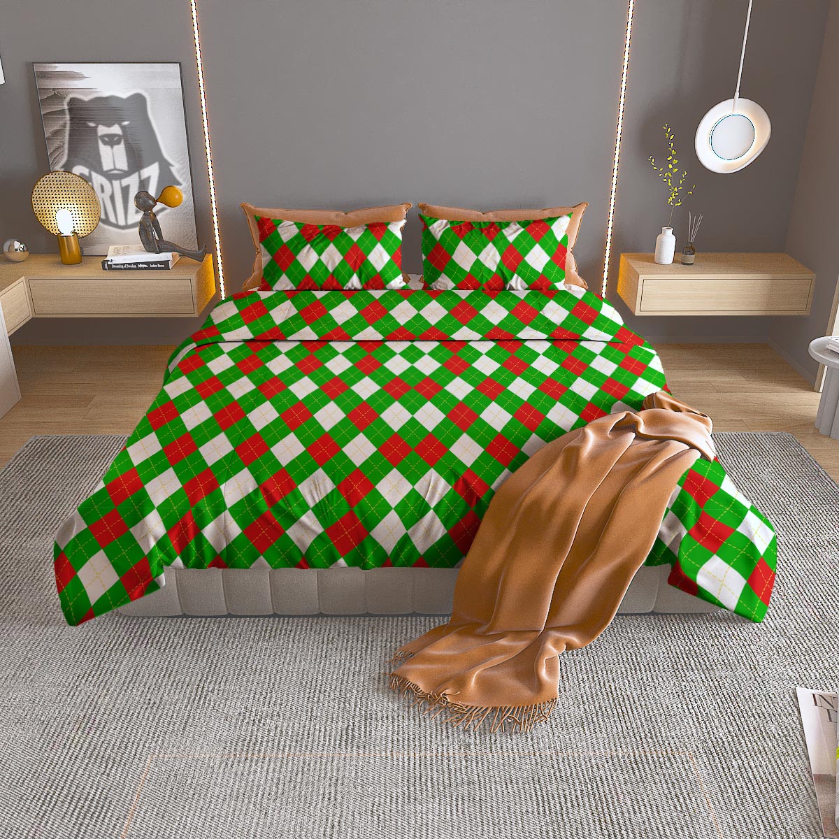 White Argyle And Green Red Print Pattern Duvet Cover Bedding Set
