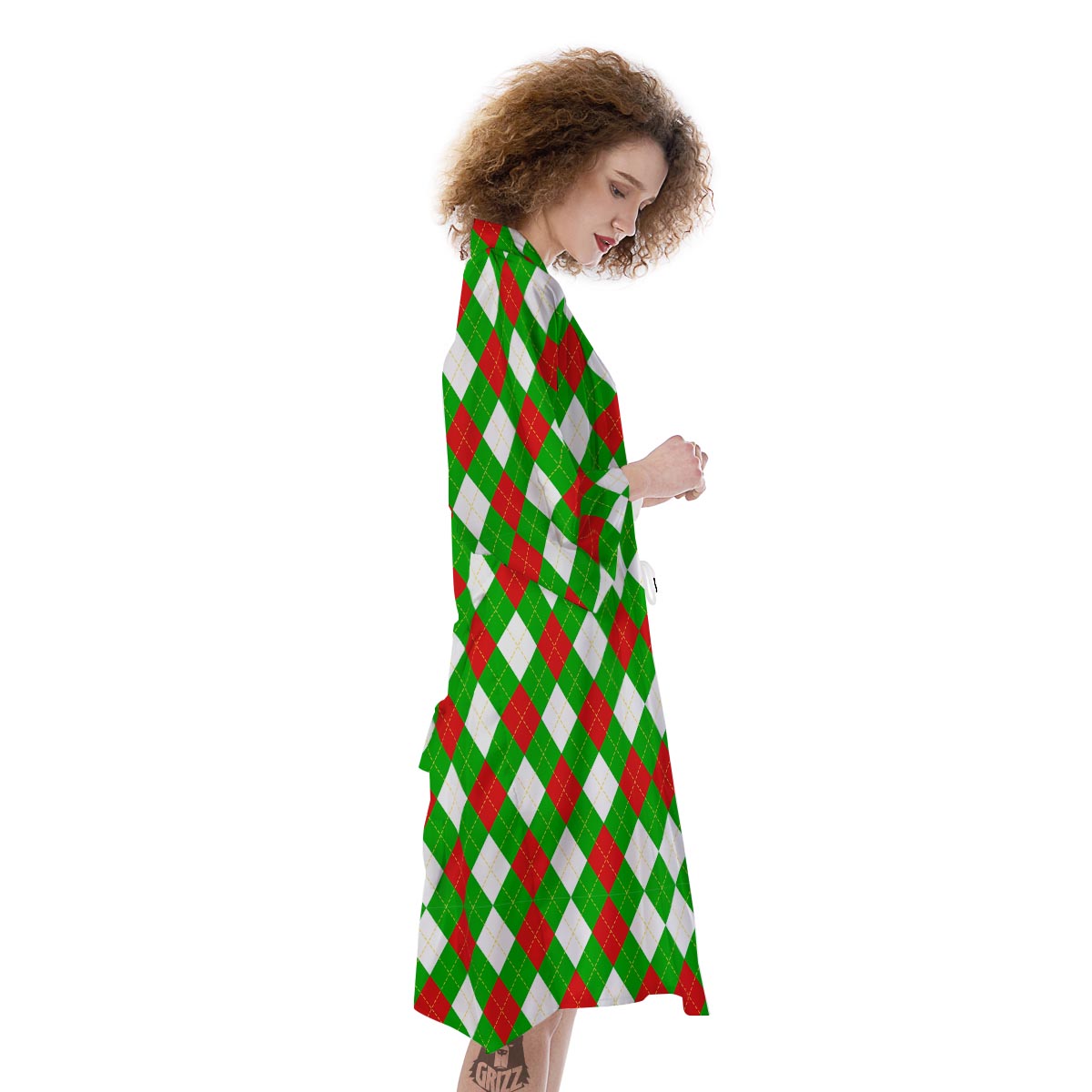 White Argyle And Green Red Print Pattern Kimono-grizzshop