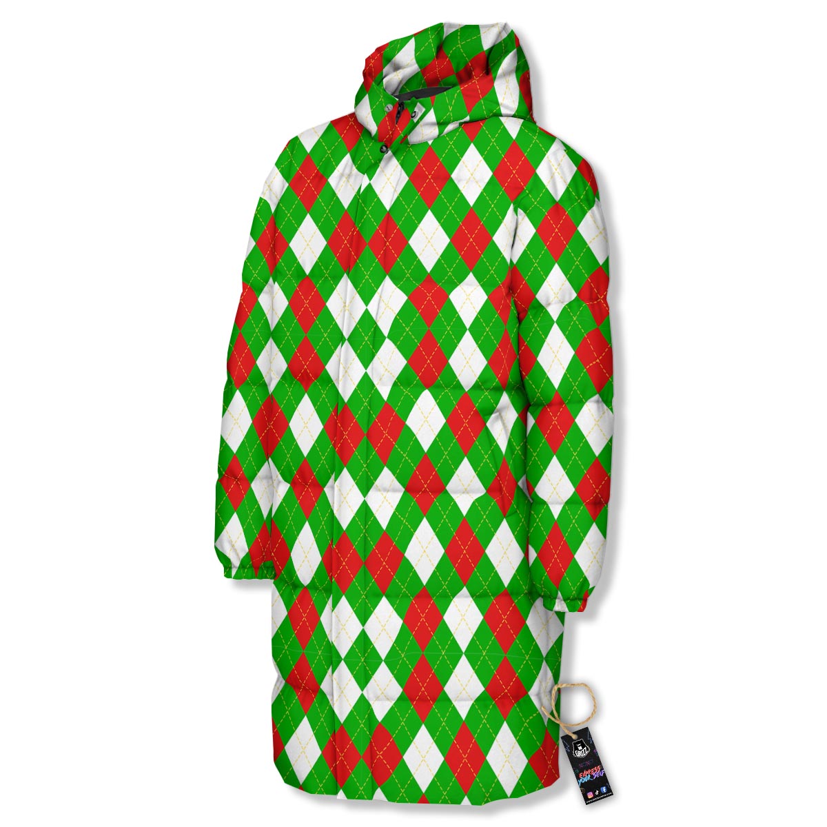 White Argyle And Green Red Print Pattern Long Down Jacket-grizzshop