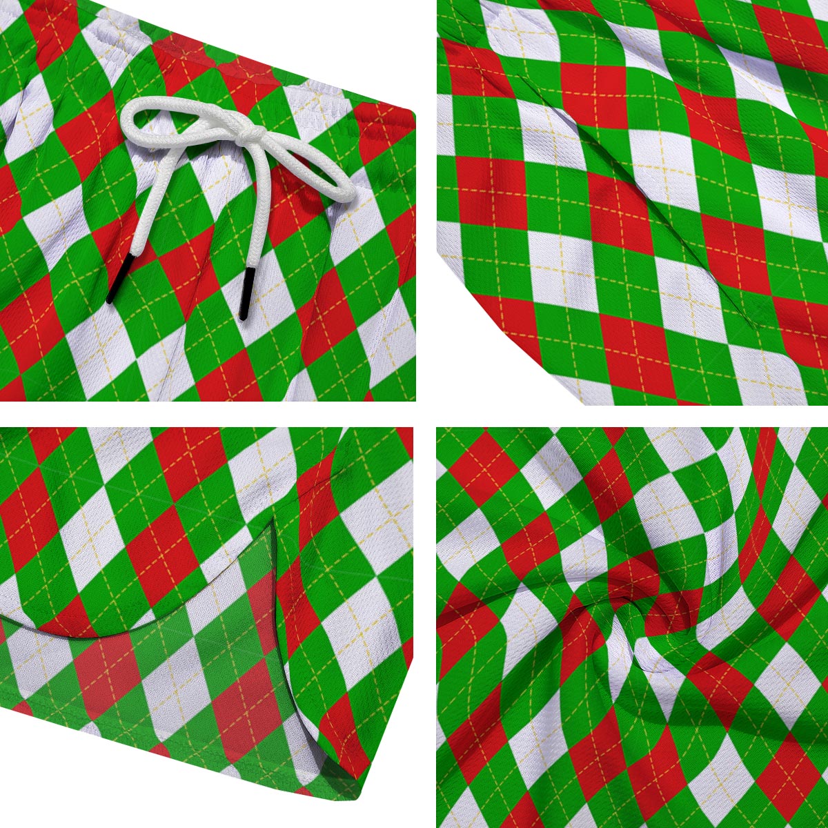 White Argyle And Green Red Print Pattern Men's Running Shorts-grizzshop