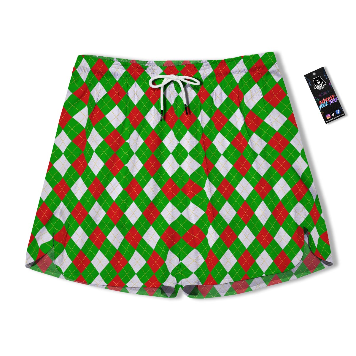 White Argyle And Green Red Print Pattern Men's Running Shorts-grizzshop