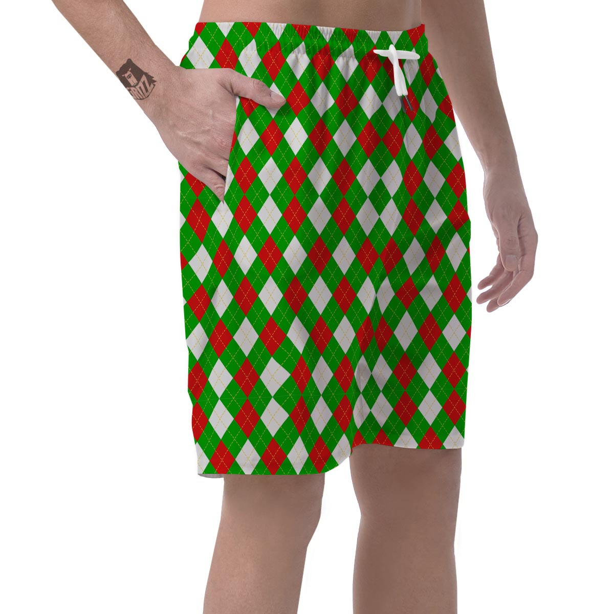 White Argyle And Green Red Print Pattern Men's Shorts-grizzshop