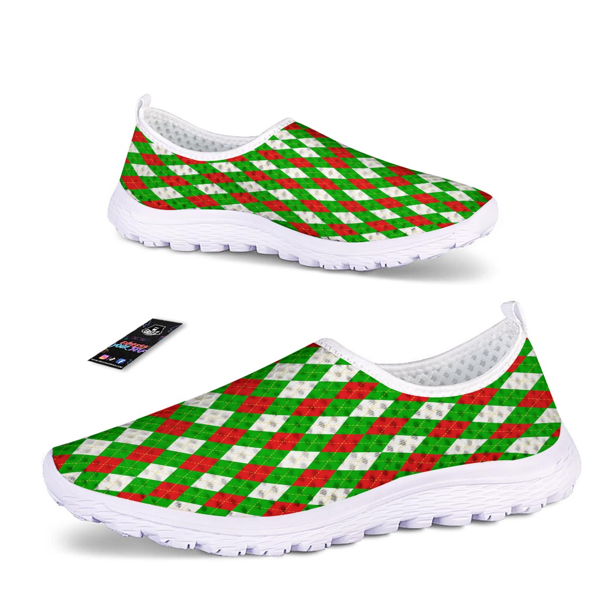 White Argyle And Green Red Print Pattern Nurse Shoes-grizzshop