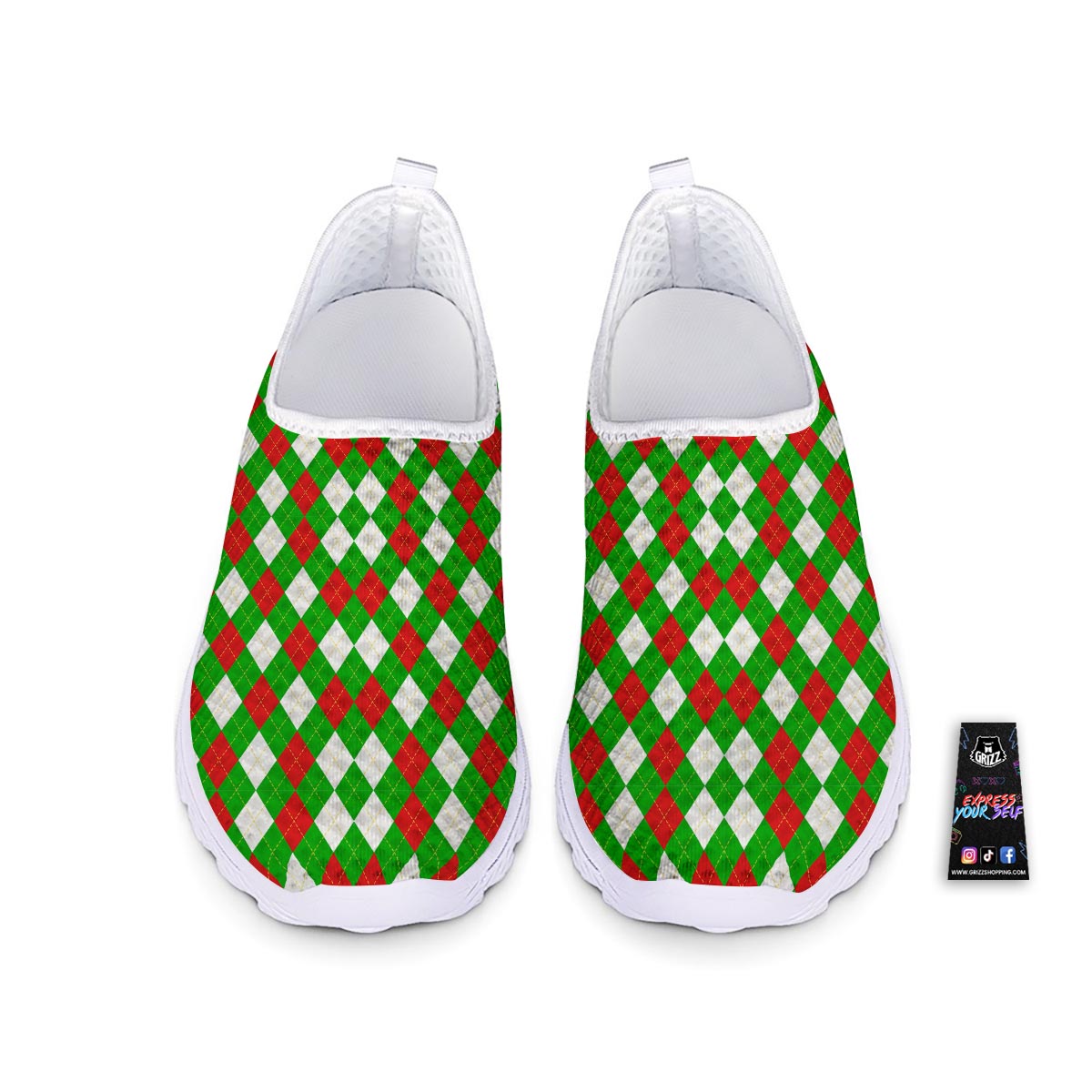 White Argyle And Green Red Print Pattern Nurse Shoes-grizzshop