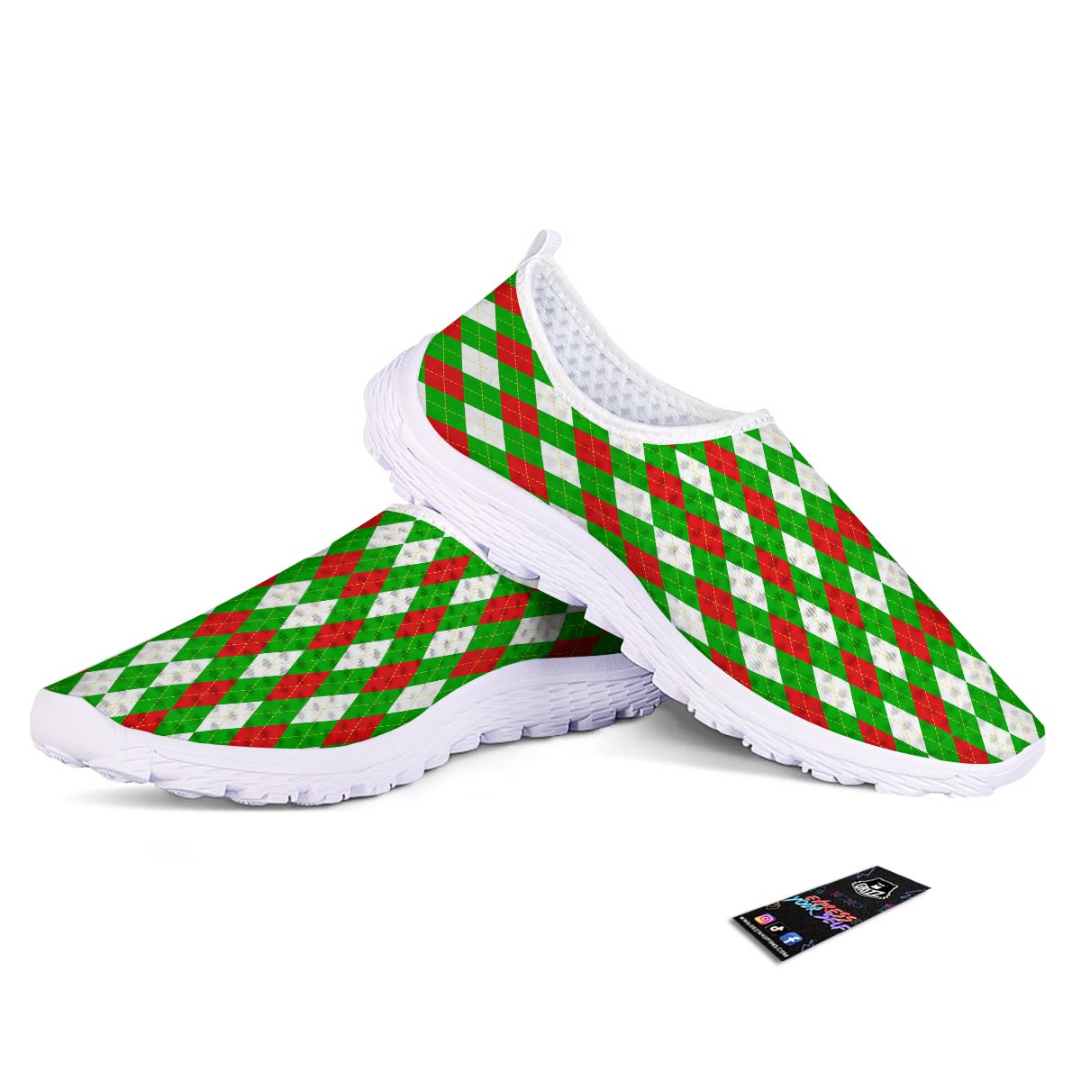 White Argyle And Green Red Print Pattern Nurse Shoes-grizzshop