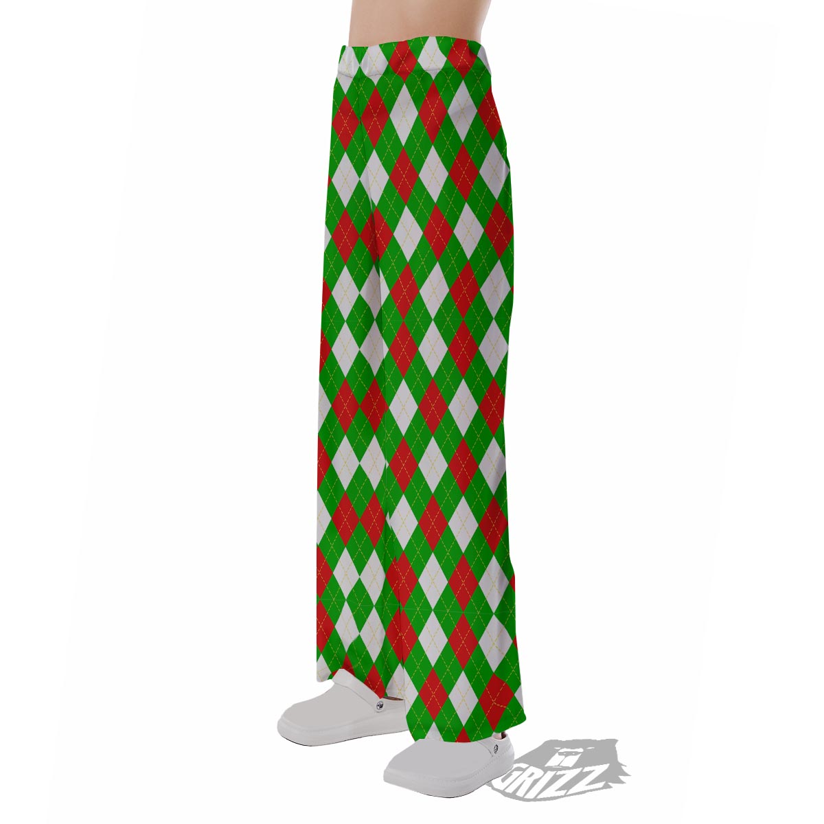 White Argyle And Green Red Print Pattern Pajama Pants-grizzshop