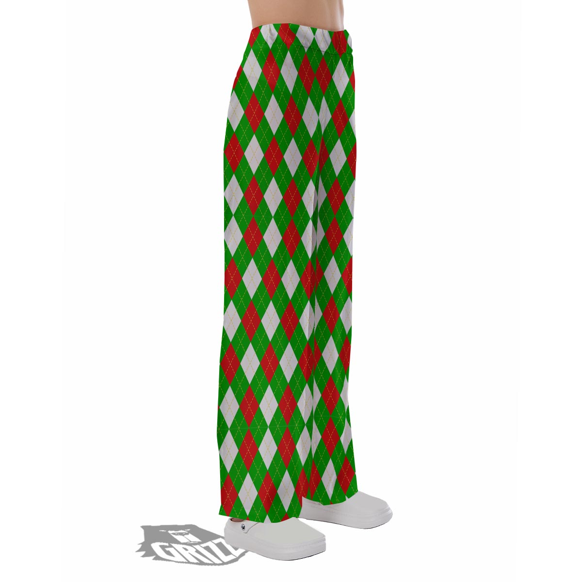 White Argyle And Green Red Print Pattern Pajama Pants-grizzshop