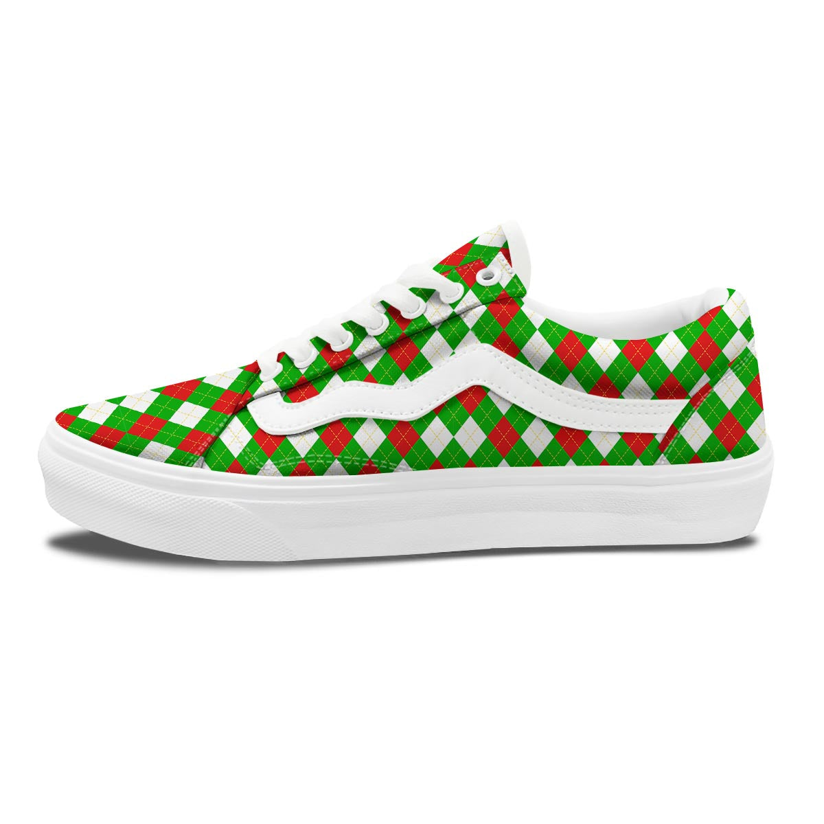 White Argyle And Green Red Print Pattern Skate Shoes-grizzshop