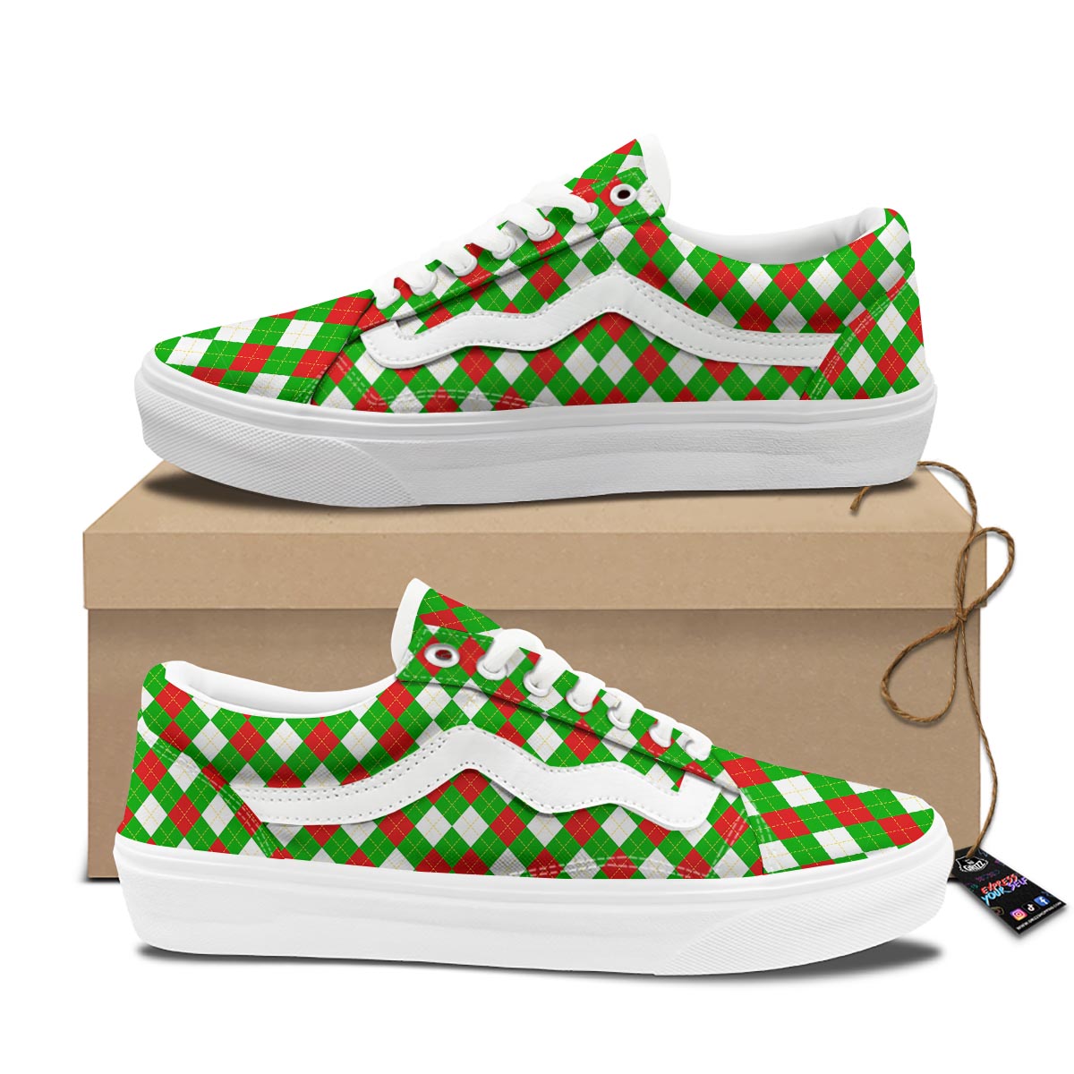 White Argyle And Green Red Print Pattern Skate Shoes-grizzshop