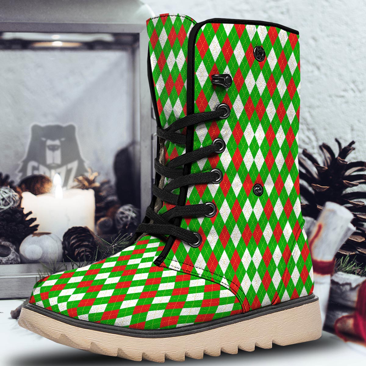 White Argyle And Green Red Print Pattern Snow Boots-grizzshop